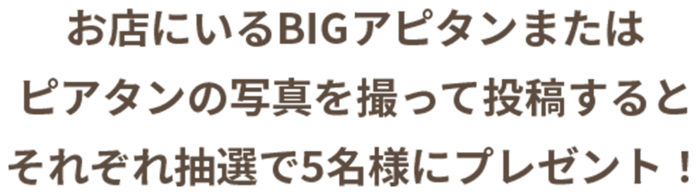 お店にいるBIGアピタンまたはピアタンの写真を撮って投稿するとそれぞれ抽選で5名様にプレゼント！