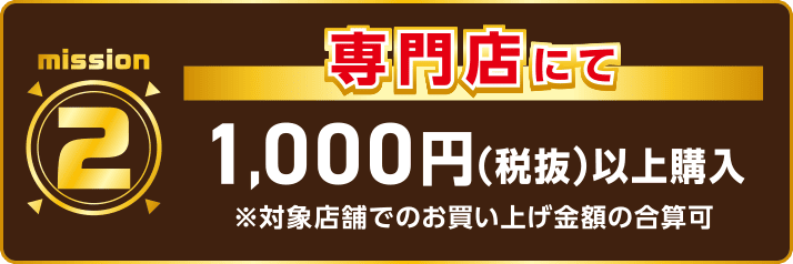 mission2 専門店にて1,000円(税抜)以上購入 ※対照担保でのお買い上げ金額の合算可