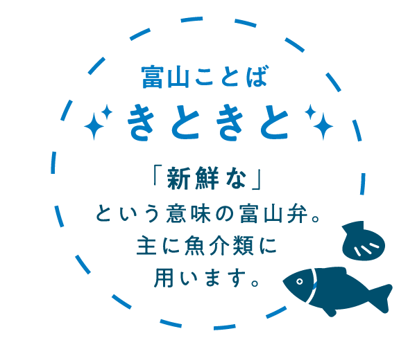 富山ことば「きときと」「新鮮な」という意味の富山弁。主に魚介類に用います